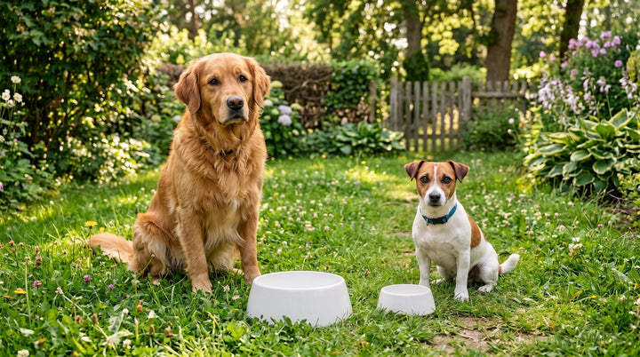 2 Hunde sitzen vor Näpfen