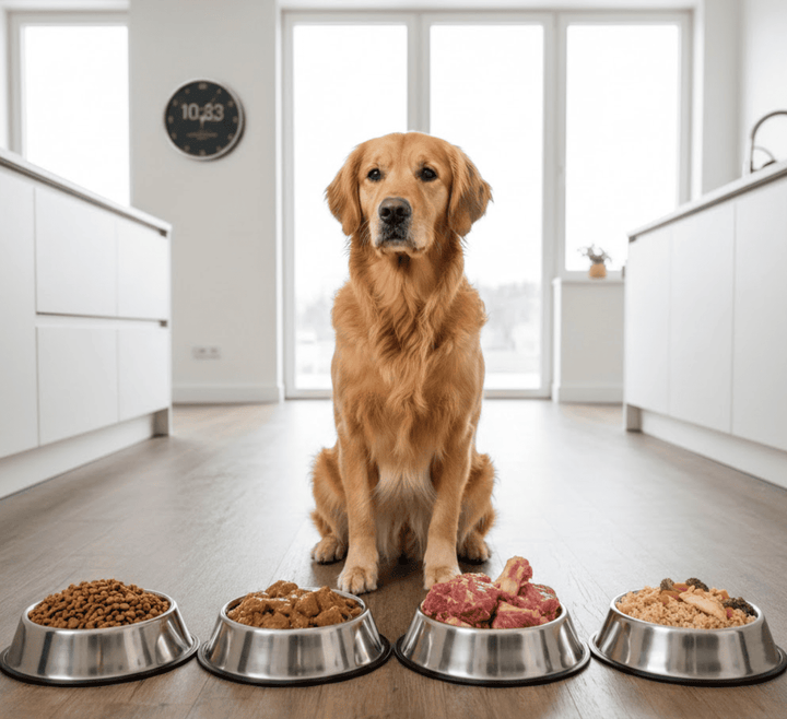Hund sitzt vor verschiedenen Futterarten