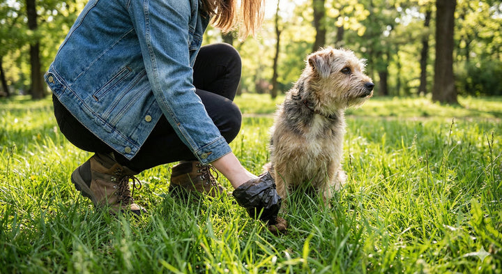 Hundebesitzer hebt Kot auf